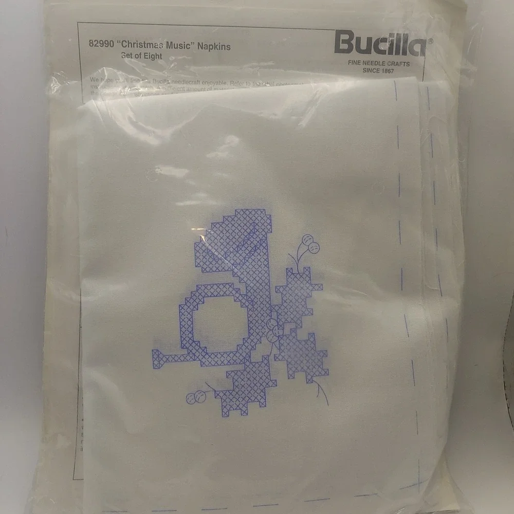 Bucilla Christmas Music Stamped Cross Stitch Napkins‎ Set of 8 Vintage 1992